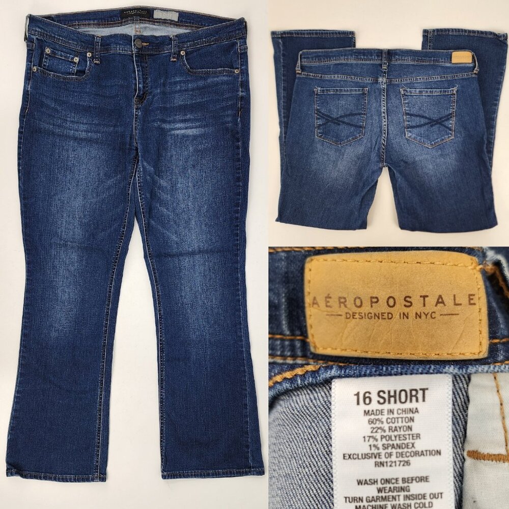 Aeropostale Women 16S 16 Short 36x29 Indigo Dark Wash Boot Cut Fit Jeans Stretch